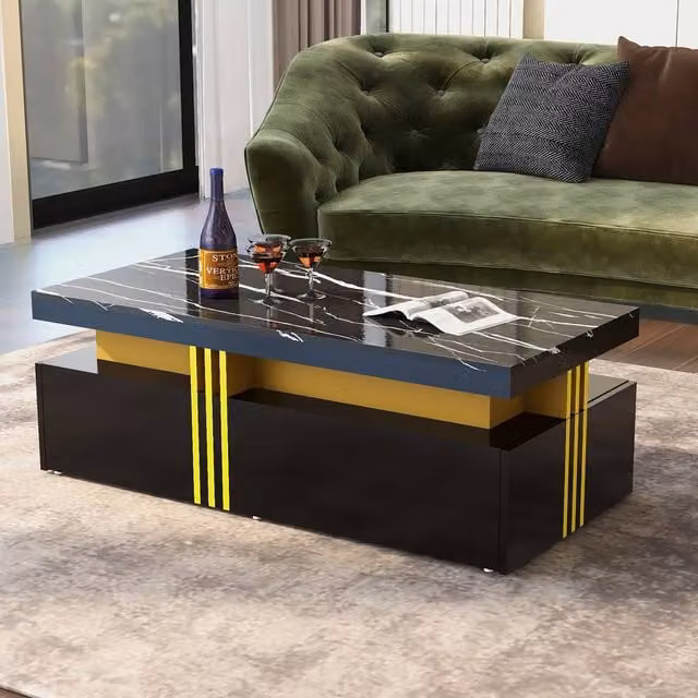 STILVORA Modern Black Coffee Table with Marble Pattern Top and 2 Drawers, W/D/H: 100 x 50 x 40 cm