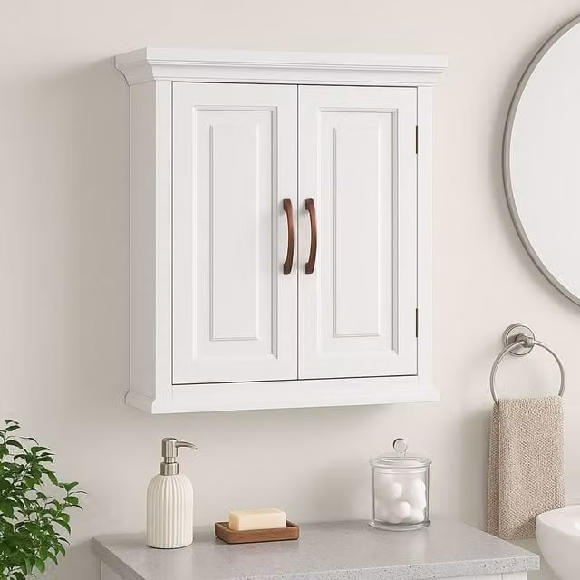 Teamson Home St. James Wall-Mounted Bathroom and Kitchen Cabinet in White and Bronze with Hinged Doors and Internal Shelves