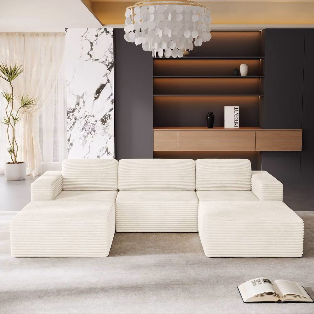 Dprodo Corduroy Modular U-Shape Sofa in Beige with Matching Ottoman and Removable Covers – 5