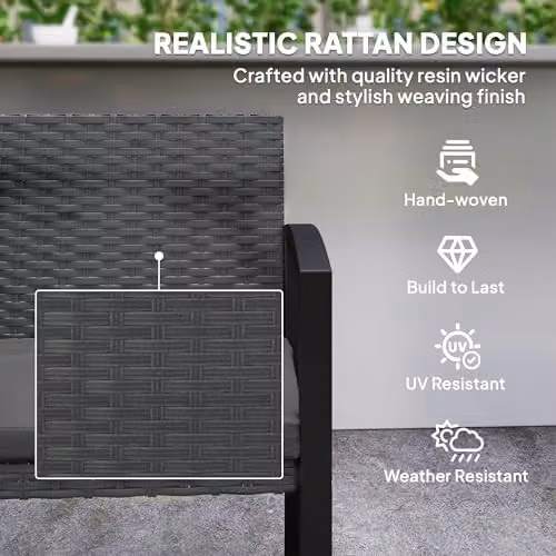 Outsunny 2 Seater Rattan Garden Bench with Cushion and Metal Frame, Grey – 4