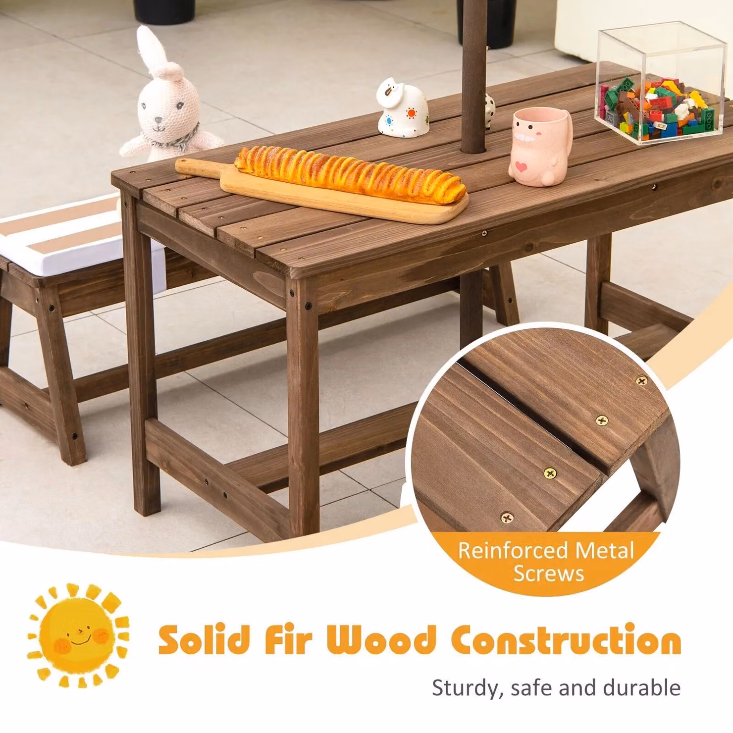 Costway 4 Piece Wooden Kids Picnic Table and Bench Set with Umbrella in Brown and Multicolour – 4