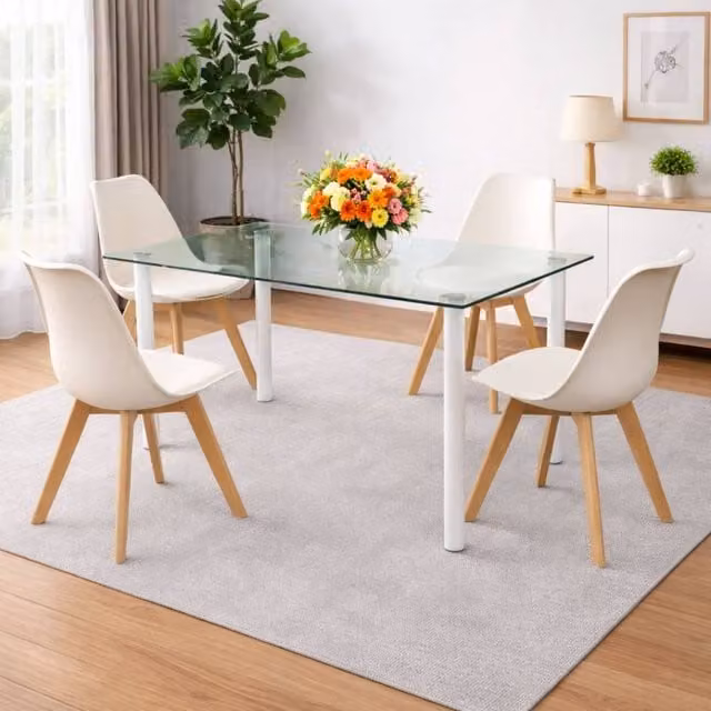Kosy Koala Modern Rectangular Clear Glass Dining Table Set with 4 Beige Plastic Chairs
