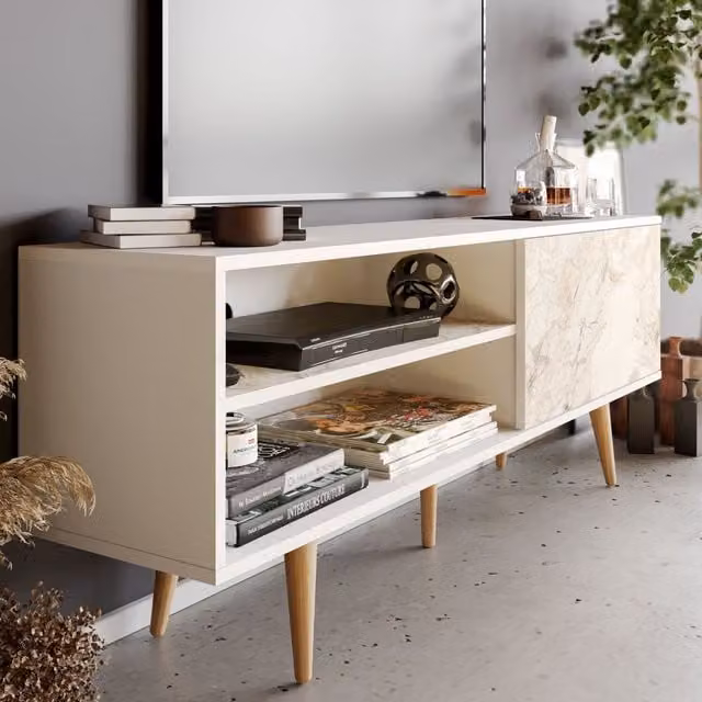 Decorotika Pi Modern White Marble Effect TV Unit for TVs up to 72 inch