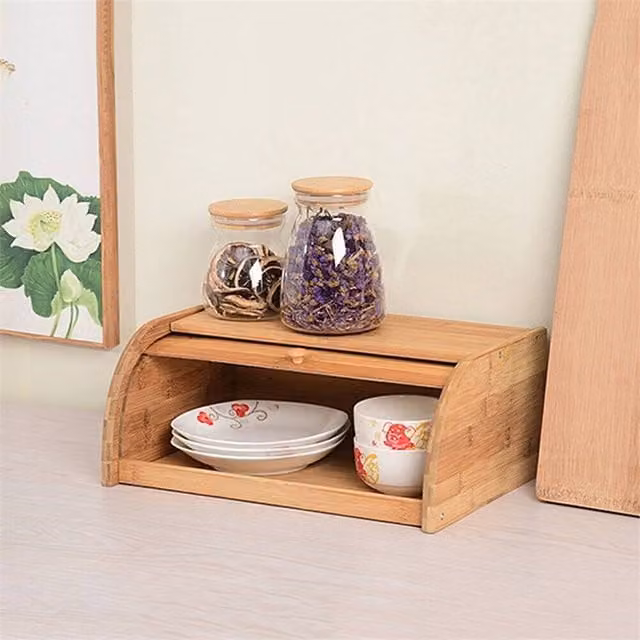 Ventryn 1-Layer Roll Top Bamboo Bread Bin in Beige, W/D/H: 40.0 x 27.0 x 16.5 cm – 1