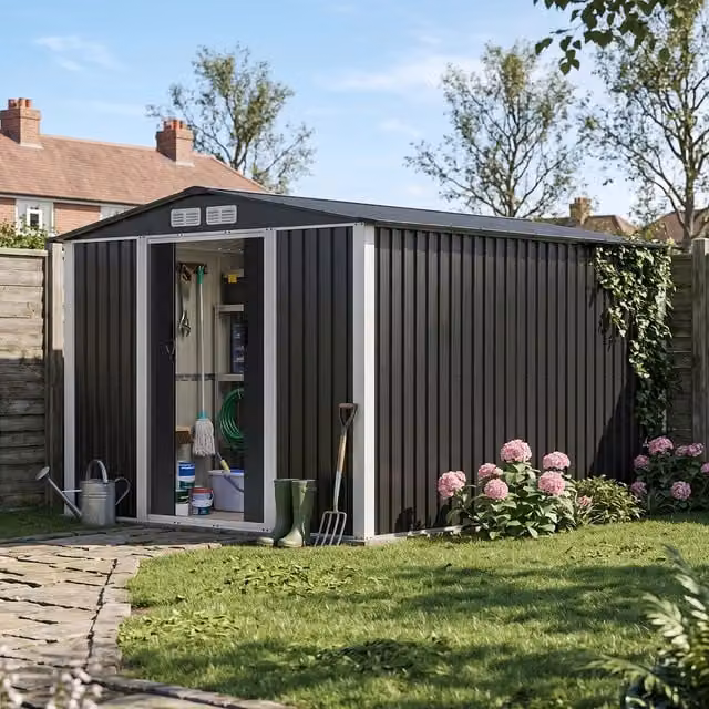 Breeins Metal Garden Storage Shed with Secure Sliding Door, Black and White