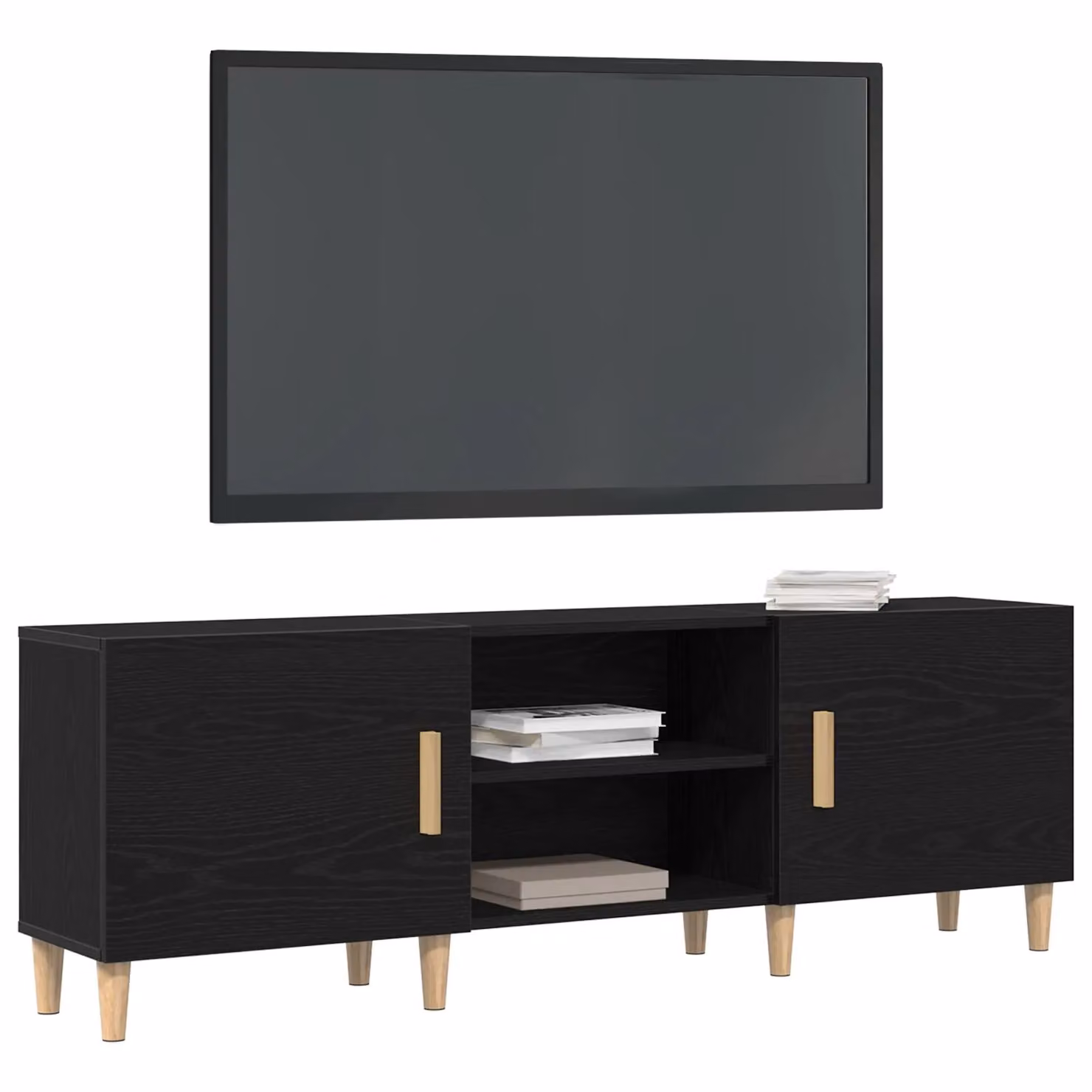 Berkfield Home Modern Black Oak TV Stand with Sliding Doors and Internal Shelves, W: 150 cm, D: 50 cm, H: 50 cm – 3