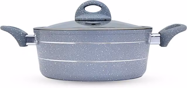 Royalford Grey Non-Stick Granite Coating Casserole Dish with Glass Lid, Diameter: 26 cm
