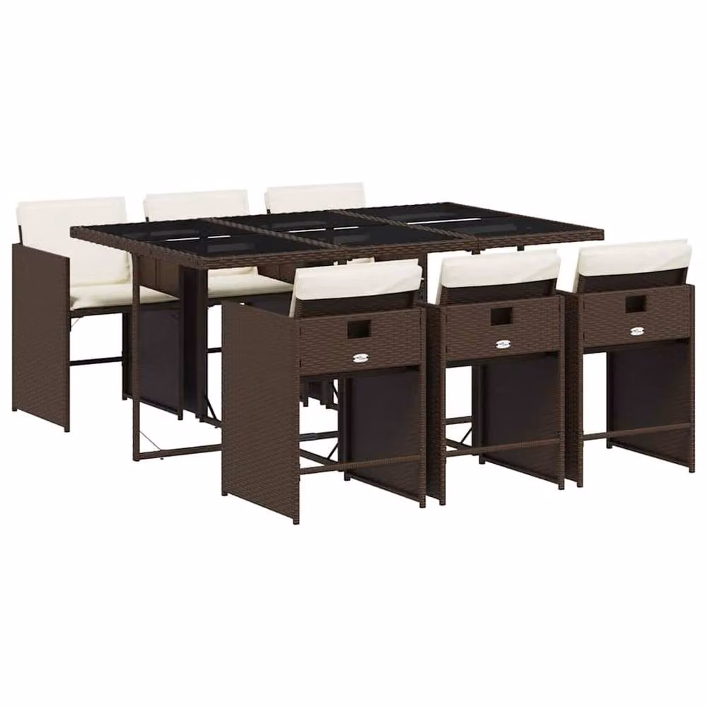 Berkfield Home Modern Polyrattan Garden Dining Set with Glass Tabletop in Brown, White and Black – 2