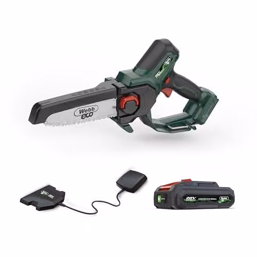Webb Eco 20V Cordless Pruning Saw in Green with 15cm Bar, 3/8 Inch Chain Pitch, 2Ah Battery and Charger Included