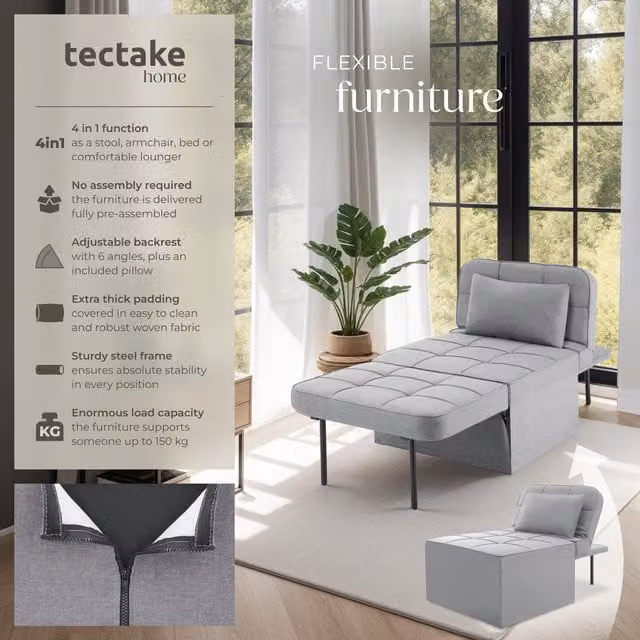 tectake Ponto 4 in 1 Lounger Chair, Light Grey
