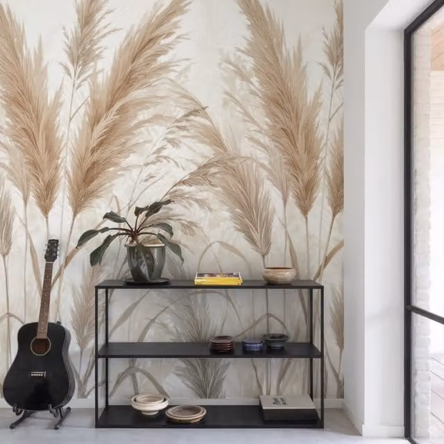 Grandeco Evita Pampas Grasses 3 Lane Repeatable Wallpaper Mural in Beige and Brown