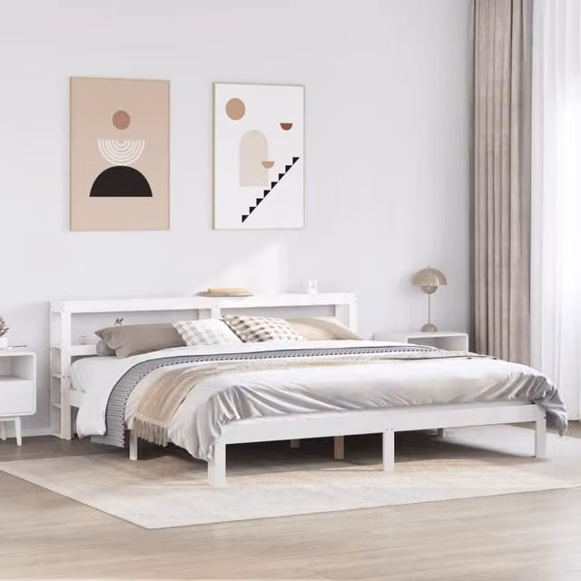 Berkfield Home White Pine Bed Frame with Headboard and Side Compartments, W/D/H: 200 x 200 cm