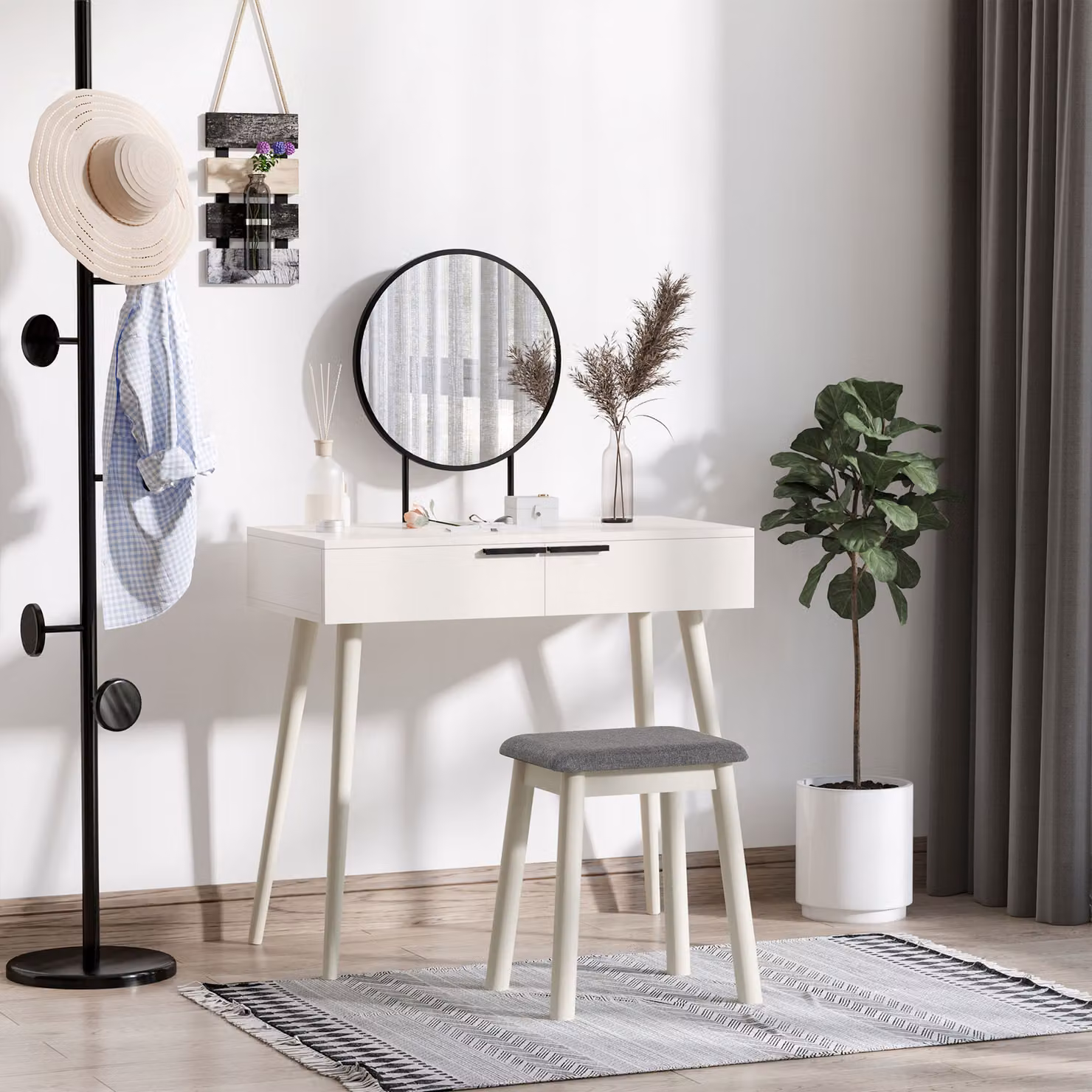 HOMCOM White Dressing Table Set with Round Mirror, Makeup Desk, Cushioned Stool and 2 Drawers – 2