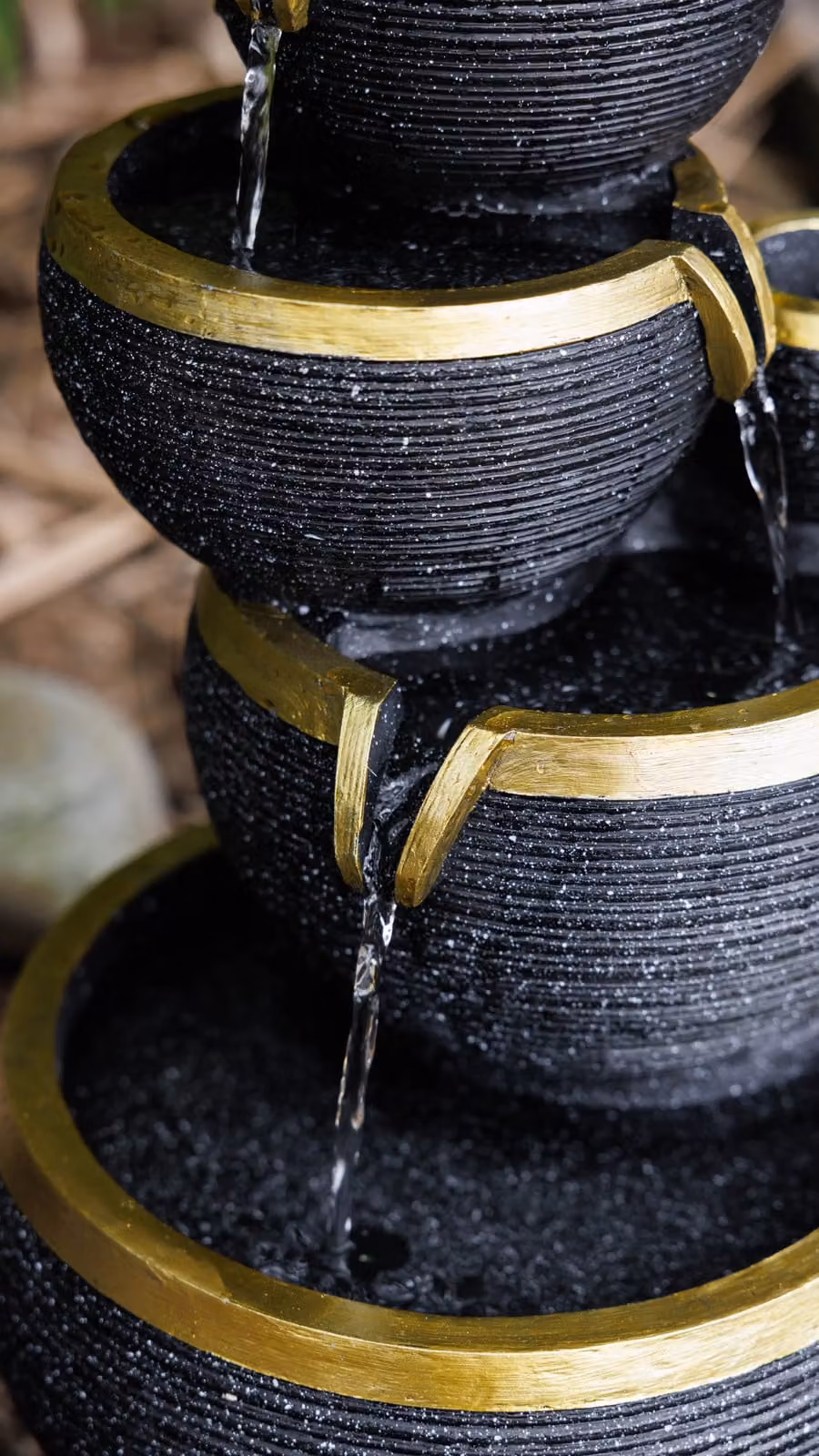 Primrose Solar Powered 3 Tier Stacked Bowls Water Feature Cascade with LED Lights, Black and Gold, Height: 46 cm – 2