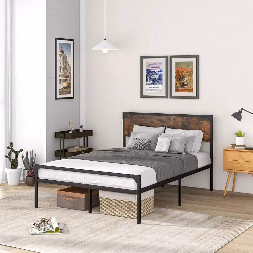 Havendro Industrial Metal Double Platform Bed Frame with Headboard, Black, 140 x 200 cm – 3