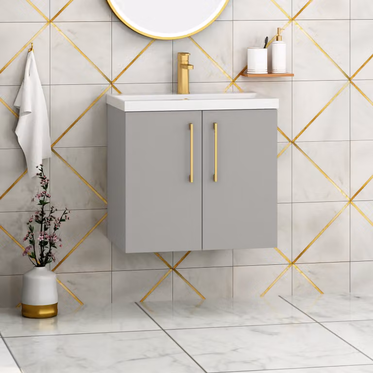 Royal Bathrooms Modena 800mm Wall Hung 2 Door Vanity Unit in Satin Grey with Mid-Edge Basin and Brushed Brass Handle