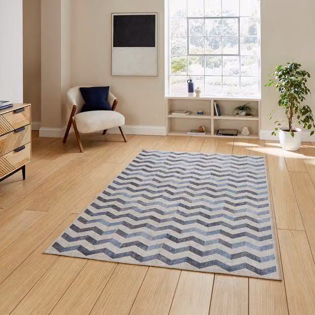 Terrys Blue Geometric Modern Flat Weave Rectangular Polyester Rug