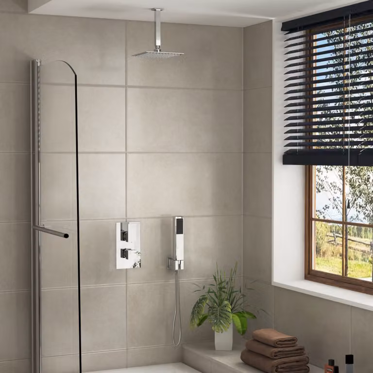 Royal Bathrooms Elegance Square Thermostatic Diverter Shower Mixer with Ceiling Arm, Handset and Overhead Shower in Chrome