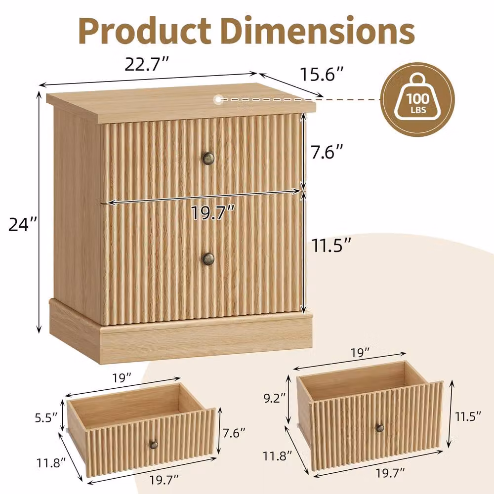 London Boutique Modern Mid-Century Bedside Table with Drawers and Castors in Light Oak, W/D/H: 61.0 x 39.7 x 57.7 cm – 2