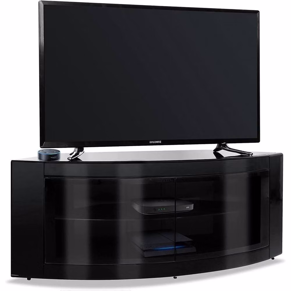 Centurion Supports PANGEA Gloss Black Beam-Thru Curved Tru-Corner TV Cabinet for 32-55 inch Screens W/D/H: 118 x 45 x 45 cm – 2