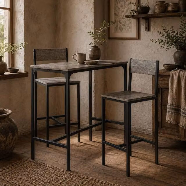Wyld Haus Novero 3 Piece Industrial Breakfast Bar Set with 2 Stools in Grey and Black – 1