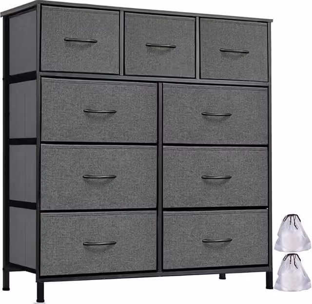 Kelvenix 9 Drawer Fabric Chest of Drawers and Bedroom Dresser in Dark Grey