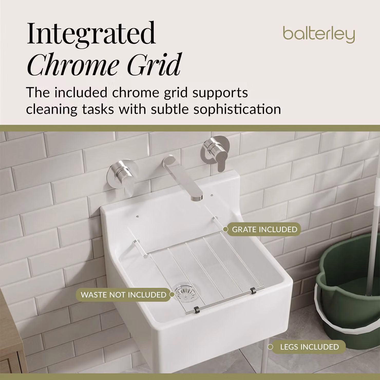 Balterley White Ceramic 1 Bowl Fireclay Kitchen Sink with Grill Legs W: 45.5 cm, D: 36.2 cm, H: 39.6 cm – 2