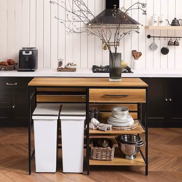 SoBuy Industrial Kitchen Island in Brown and Black with Wood and Metal Finish