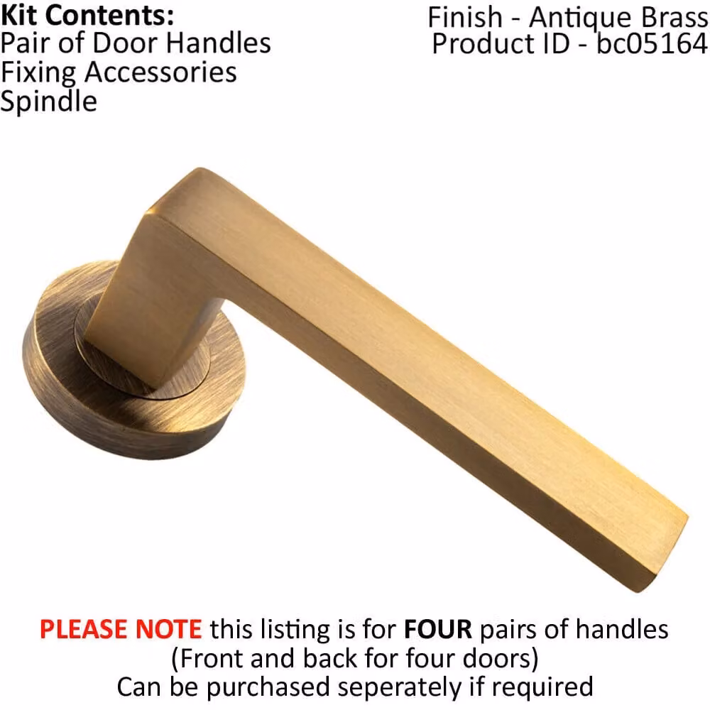 Loops 4 Pair Straight Square Handles on Round Rose with Concealed Fixings in Antique Brass – 2