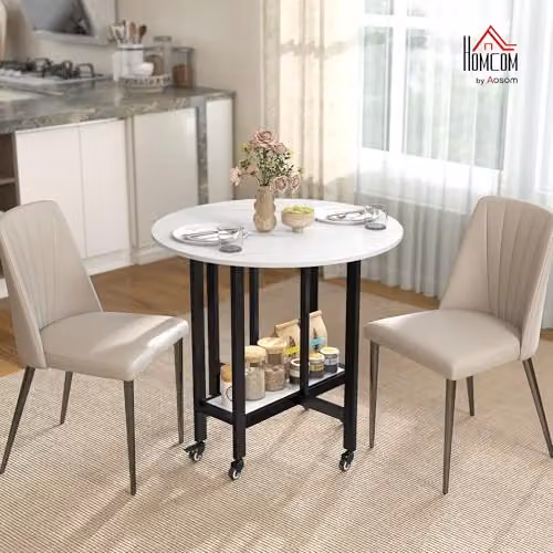 HOMCOM Modern White Marble Folding Dining Table with Rolling Drop Leaf and Castors, W/D/H: 80 x 51.5 x 75 cm – 2