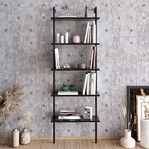 DECOROTIKA Paula 5-Tier Wall Mounted Bookshelf in Black and Black Marble Effect – 1