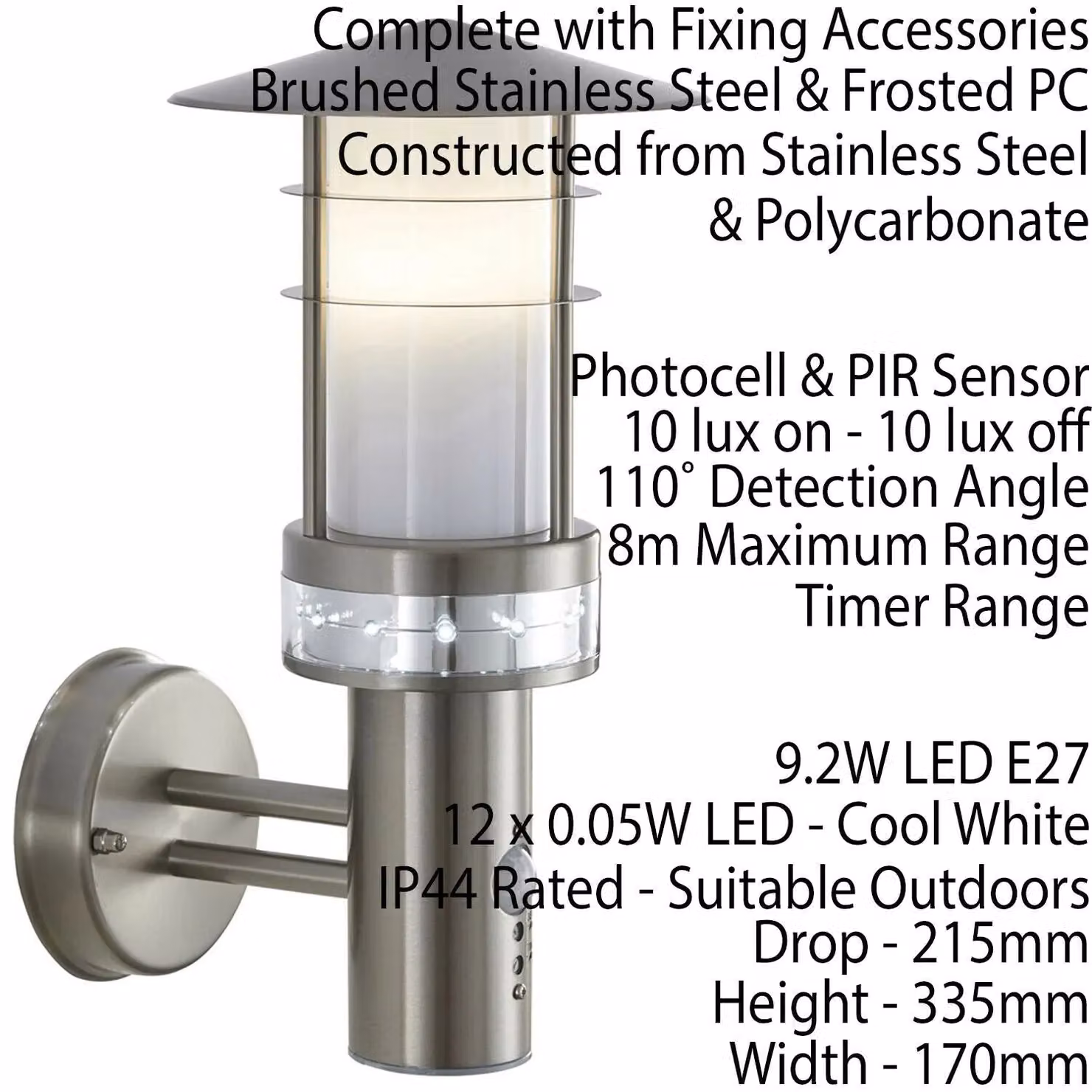 Loops 2 Pack Silver Stainless Steel LED Outdoor Wall Lanterns with PIR Motion and Dusk Sensors, IP44 Rated, H 17.0 cm x W 21.5 cm x D 12.0 cm – 2