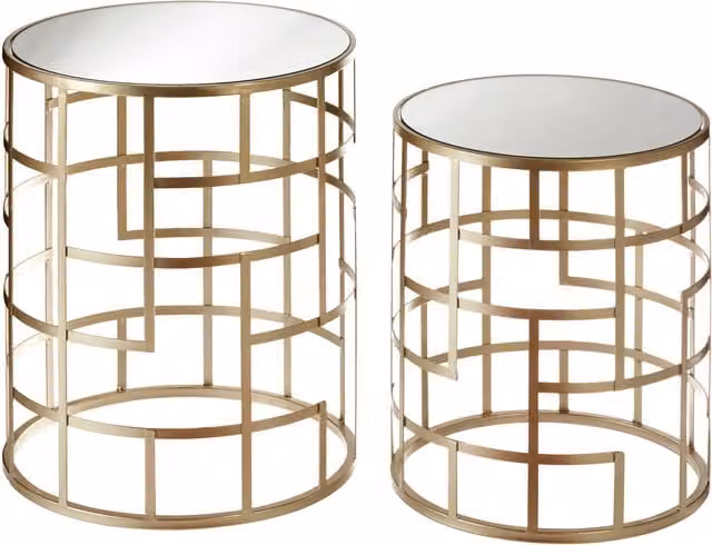 Orsina Set of 2 Gold Art Deco Inspired Nesting Tables with Glass Tops and Geometric Metal Frames