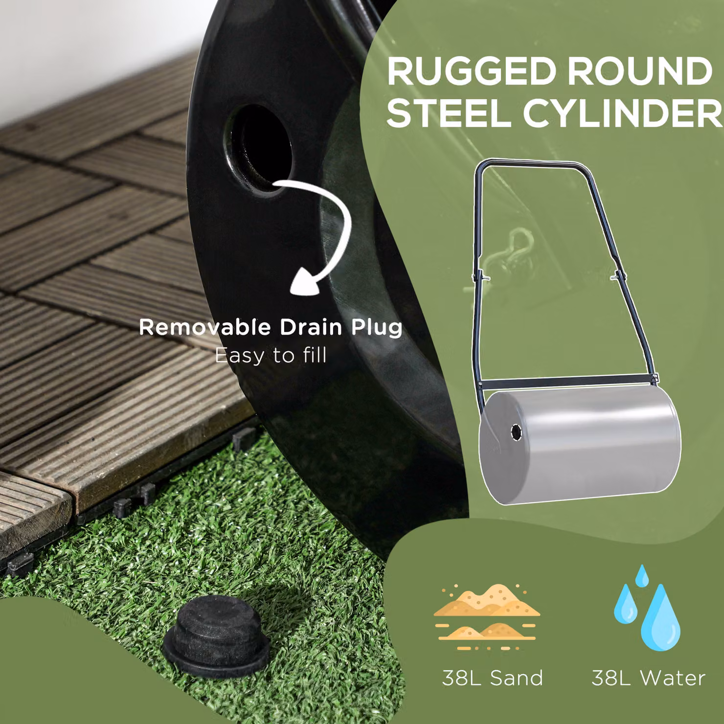 DURHAND Heavy Duty Steel Garden Lawn Roller Drum, Black, 38L Capacity, Diameter: 50 cm – 6
