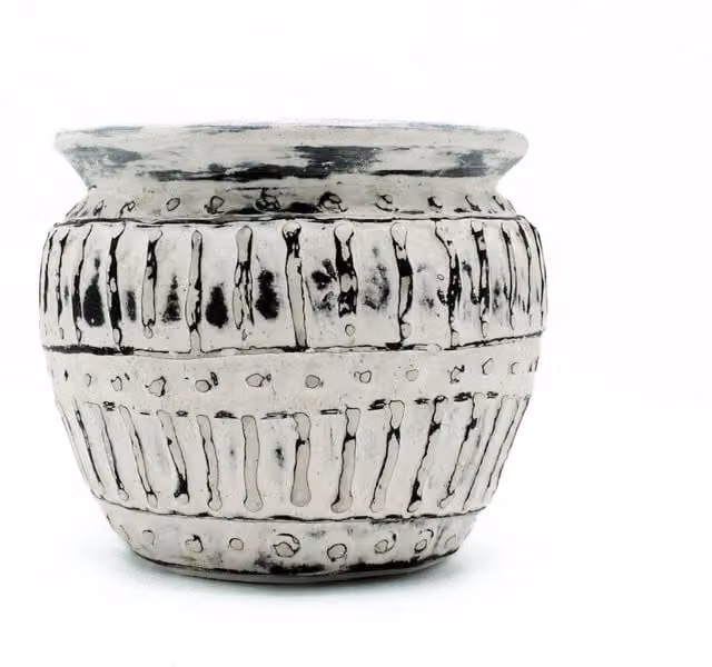 KDMK Classic Striped Ceramic Clay Plant Pot, Beige, Silver and White, Diameter: 12 cm