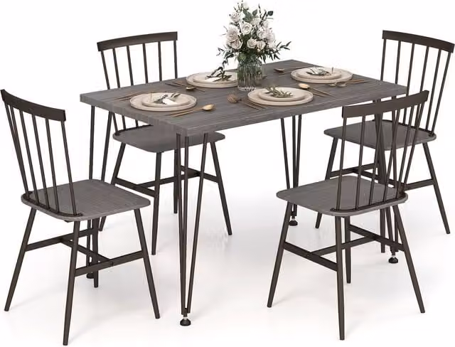 Costway 5-Piece Grey Modern Rectangular Dining Table Set with MDF Laminate and Metal Legs
