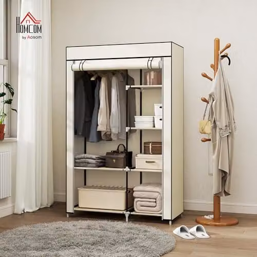 HOMCOM Fabric Wardrobe with Hanging Rail and Internal Shelves, White, W/D/H: 103 x 43 x 162.5 cm – 2
