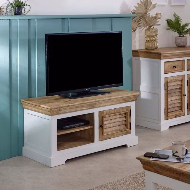 IH Design Small Rustic Solid Mango Wood TV Cabinet in White