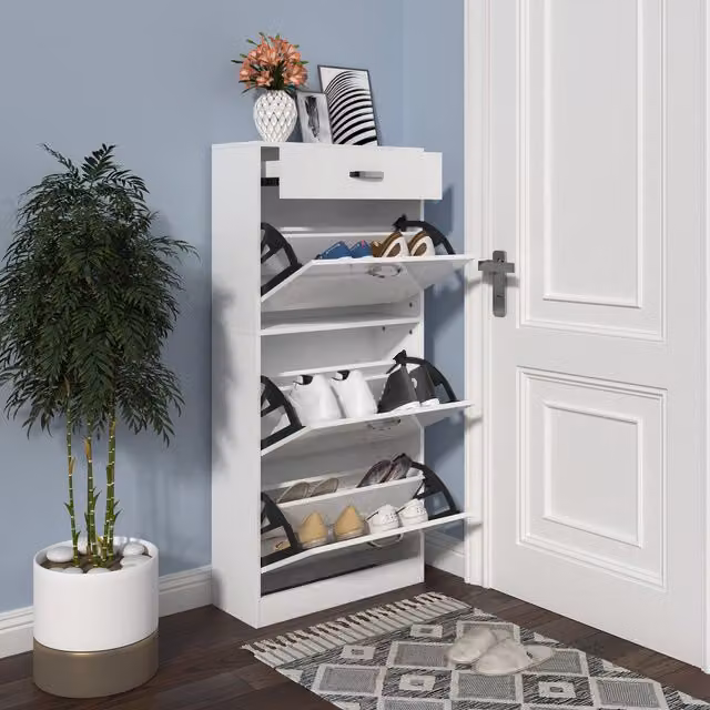 HOMCOM Modern High Gloss White Shoe Cabinet with 4 Drawers and Tilting Compartments