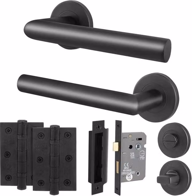 AFIT Matt Black Stainless Steel Bathroom Door Handle and Hinge Kit with Lever Rose, W/D/H: 15 x 15 x 6.4 cm
