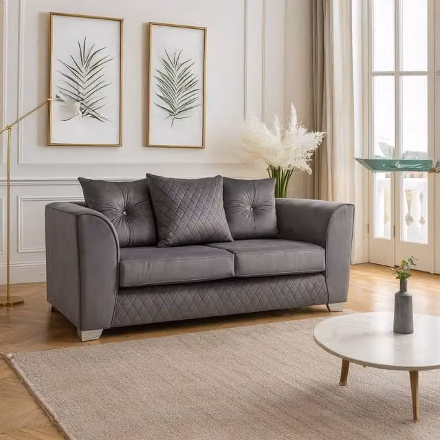 Furnishings For Less UK Victoria 2 Seater Sofa in Grey Soft Plush Velvet Fabric with Scatter Back – 1