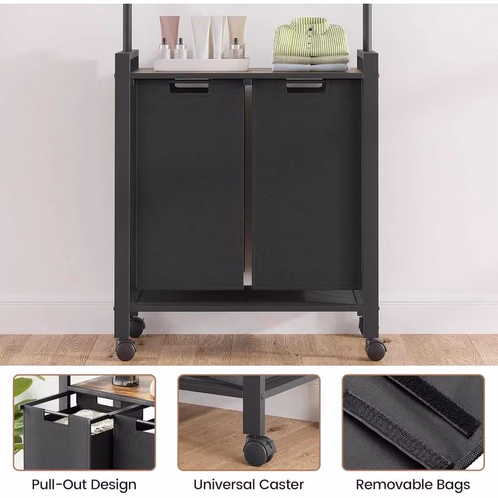 Nordara 2-Section Laundry Sorter with Hanging Bar, Removable Bags and Wheels, Black – 3