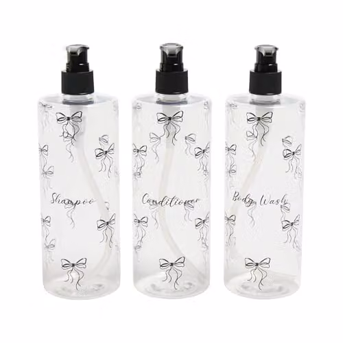 OHS 3 Pack Bow Print Refillable Plastic Shampoo and Conditioner Pump Dispensers in Clear and Black – 1