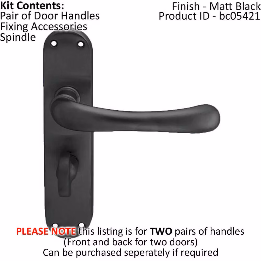 Loops 2x Pair Smooth Rounded Lever Bathroom Handles with Shaped Backplate, Matt Black, W: 18.5 cm, H: 4.0 cm, D: 1.85 cm – 2