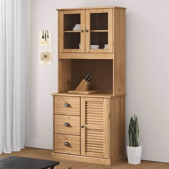 Berkfield Home VIGO Highboard in Brown Solid Pine with Glass Doors, W/D/H: 78 x 40 x 175 cm