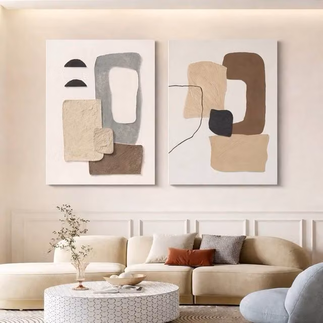 Mafett Contemporary Abstract Canvas Wall Art Set of 2 in Beige, Grey and Brown, W: 61.0 cm x H: 81.28 cm