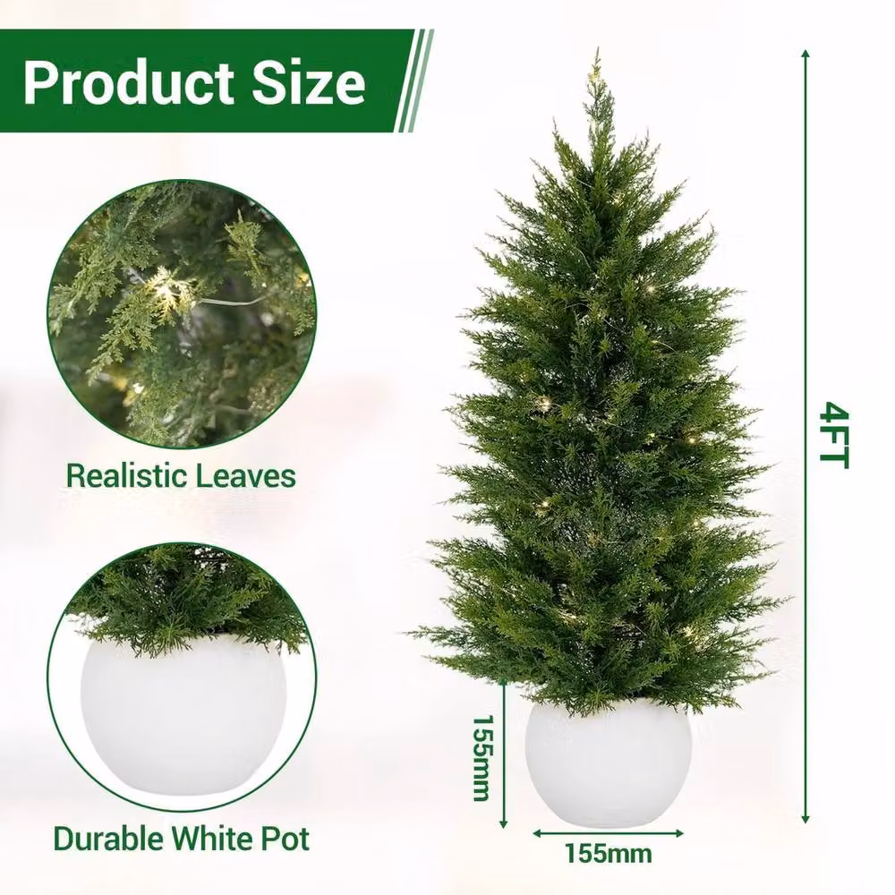 VOGREX Set of 2 Green Artificial Cedar Topiary Trees, 121.92 cm UV Resistant Faux Plants – 2