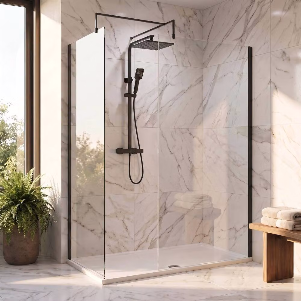 Balterley Walk-In Wetroom Bundle with Rectangular Tray and Fixed Glass in Matt Black, W: 1400 mm, D: 800 mm – 2