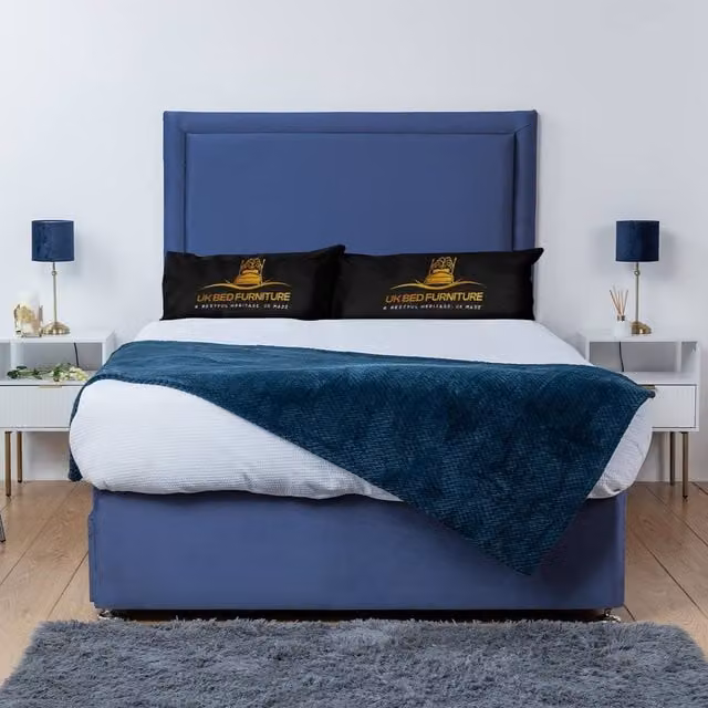 UK Bed Furniture Ascot Blue Fabric Divan Bed Base with 26 Inch Headboard, W/D/H: 90 x 190 x 66.04 cm