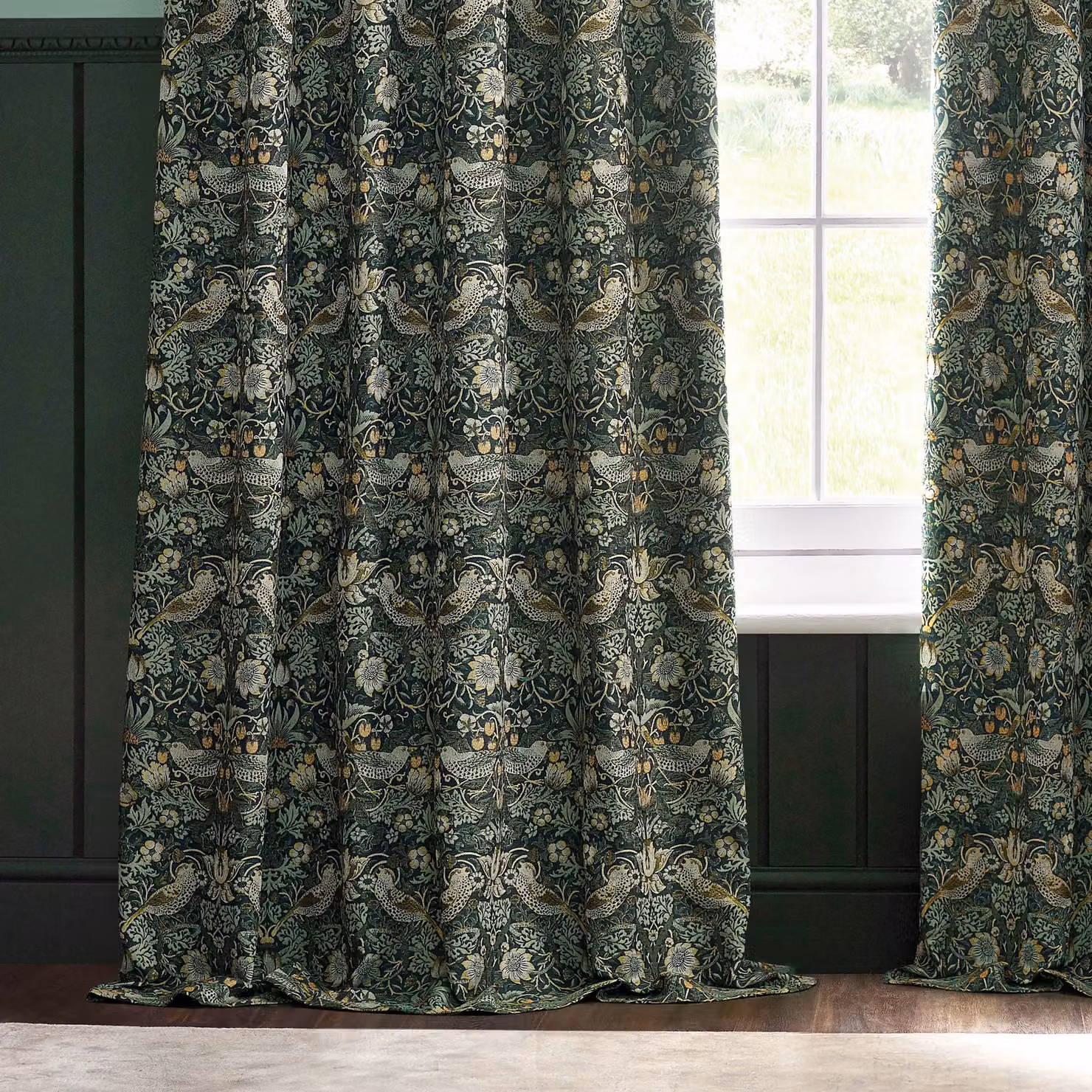 Morris & Co Strawberry Thief Jacquard Floral Room Darkening Pencil Pleat Curtain Pair in Green, Width: 168 cm, Drop: 137 cm – 3